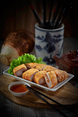 traditional chinese Hong Kong dim sum steamed fresh hot siew mai meat dumpling in bamboo basket on grey wood table background breakfast halal food menu for restaurant asian cafe