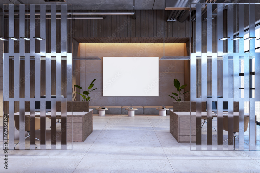Poster Modern dark coworking office interior with empty white mock up banner and suspended partitions. 3D Rendering.
