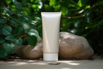 White blank cosmetic bottle tube mock up on the grey stone with green leaves