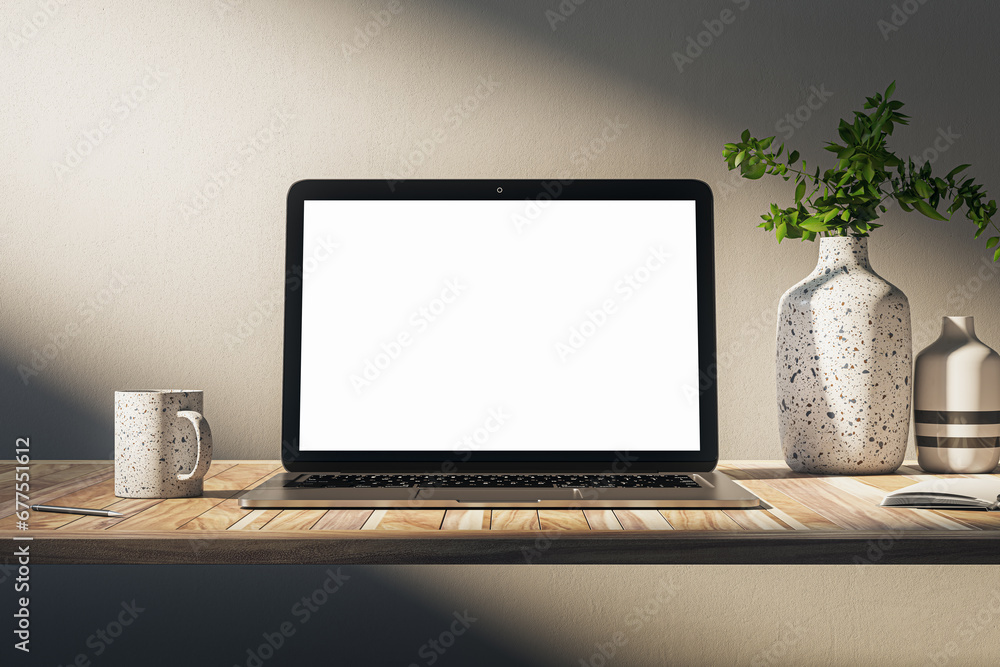 Poster close up of modern designer desktop with empty laptop screen, coffee cup, supplies and other items o