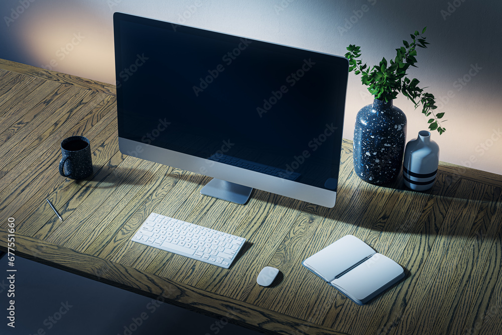 Poster Close up of creative dark designer desk top with empty computer display, coffee cup, supplies and other items on concrete wall background. Workspace concept. Mock up, 3D Rendering.