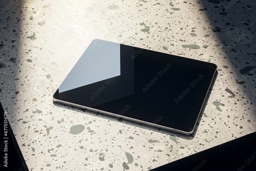 Poster close up of tablet screen with reflections on spotted table. 3d rendering.