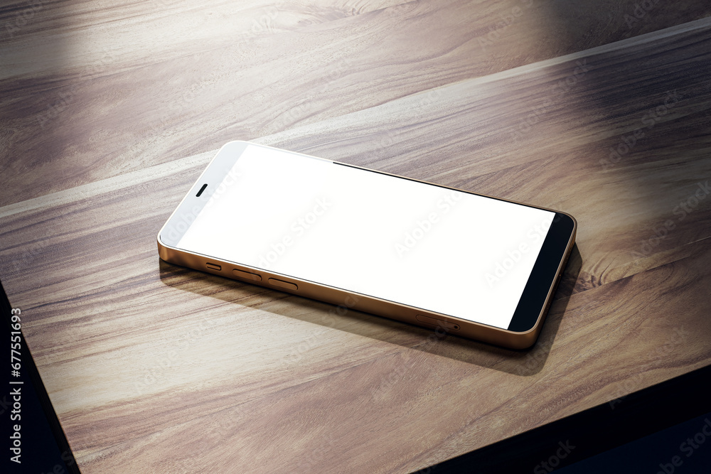 Poster Close up of empty white mobile phone on wooden table. Mock up, 3D Rendering.