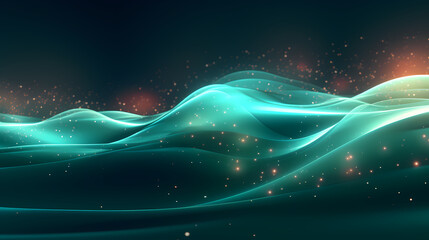 Abstract background with waves and light teal digital particles. Generative ai