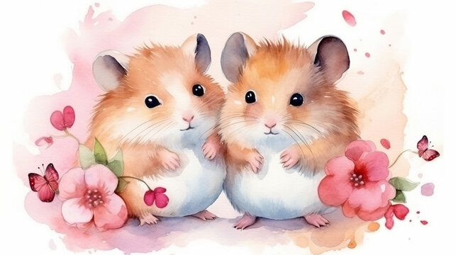 watercolor picture Cute hamsters in love celebrate Valentine's Day and open a gift