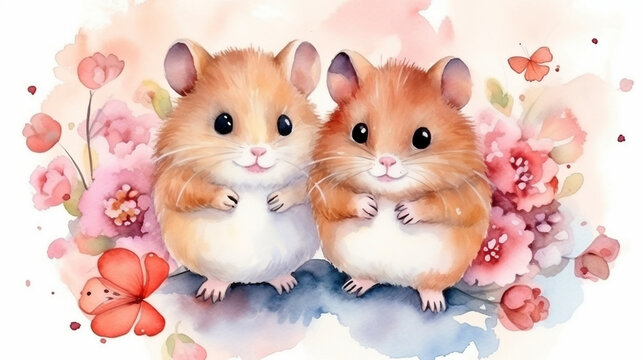 watercolor picture Cute hamsters in love celebrate Valentine's Day and open a gift