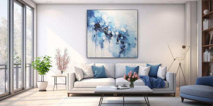 modern living room with white walls and a light sofa and blue accents in the form of pillows and a picture