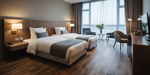 Luxury modern double bedroom hotel room with wardrobe