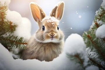 Little Bunny As Santa Claus On Snowy Christmas Tree Background