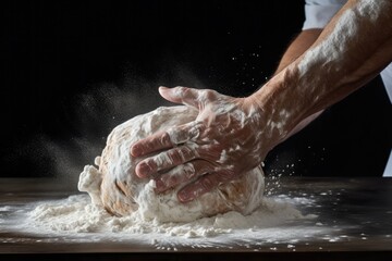 Male Hands Kneading Dough With Flour Splashes On Dark Background