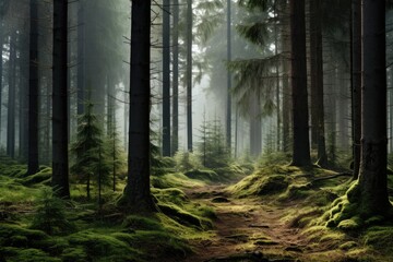Misty Fir Forest. Сoncept Misty Fir Forest, Nature Photography, Enchanting Landscapes, Wilderness Wanderings, Serene Atmosphere