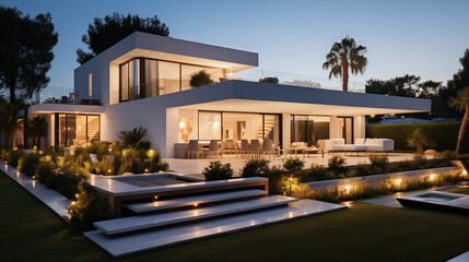 Fototapeta premium Modern patio outdoor with swimming pool. Modern house interior and exterior design