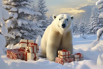 Polar Bear As Santa Claus In Magical Winter Landscape Wrapped Presents Adorning White Christmas Tree