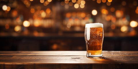 chilled beer in a glass glass on a wooden tabletop against a blurred bar background