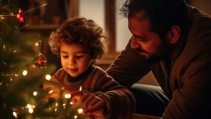 Obraz na płótnie Canvas Father and child on Christmas night near a decorative Christmas tree.