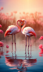 cute flamingo lovers on pink background, valentines day concept