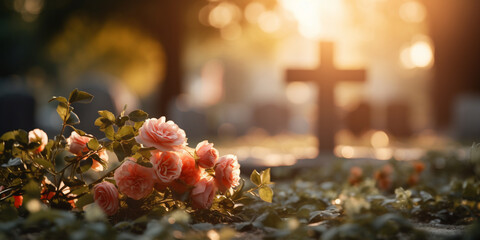 cross and flowers in the cemetery, loss of loved ones - obrazy, fototapety, plakaty