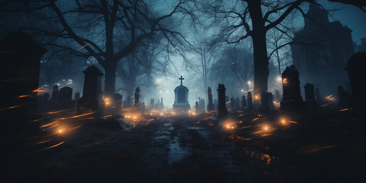 old creepy cemetery with lights and graves