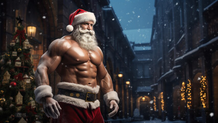 Photo of a strong and muscular Santa Claus on a winter background with gifts and Christmas decorations.
