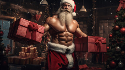 Fototapeta na wymiar Photo of a strong and muscular Santa Claus on a winter background with gifts and Christmas decorations.