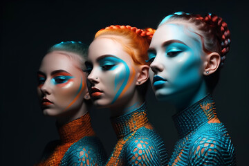 Three young women in futuristic costumes and colorful makeup in teal and orange colors. Fashion of...
