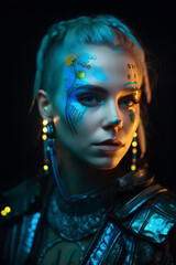 Portrait of young beautiful blonde woman in futuristic costume with bright makeup. Fashion of future concept.
