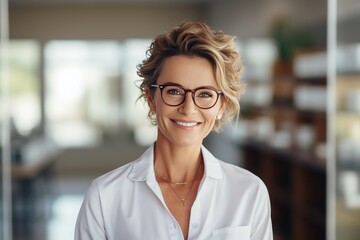 Portrait of a charming mature Caucasian female pharmacist wearing glasses among shelves of medicines in a pharmacy. Experienced confident professional in the workplace. Copy space.