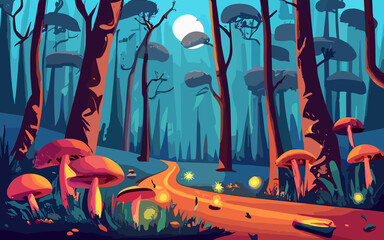 Night forest landscape with trees and road, glowworms and mushrooms shining in darkness. Wild wood fantasy background, dark mysterious place with plants under moonlight, Cartoon vector illustration