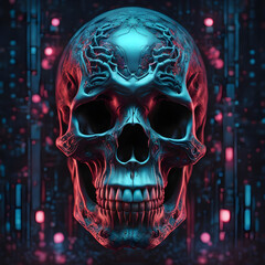 An anatomical cyborg head skull with evil neon lamp lighting style