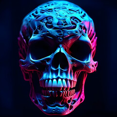 An anatomical cyborg head skull with evil neon lamp lighting style