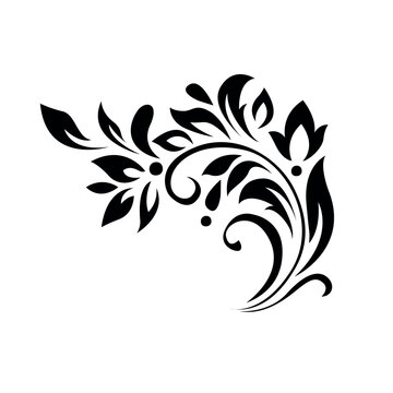 Abstract pattern, decorative element, clip art with stylized leaves, flowers and curls in black lines on white background. Corner ornament