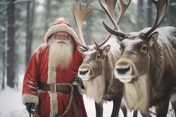 Santa Claus On Farm, Tending To His Herd Of Magical Reindeer