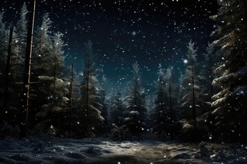 Snow Falling In Dark Forest With Lights And Stars. Сoncept Winter Wonderland, Enchanted Forest, Snowy Starry Night, Magical Winter Photoshoot, Woodland Winter Extravaganza