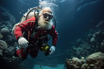 Santa Claus On Tropical Island, Scuba Diving To Explore Underwater Treasures - obrazy, fototapety, plakaty