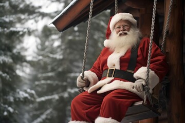 Santa Claus In Treehouse, Overlooking The North Pole And Enjoying The Serenity