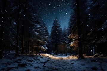 Snow Falling In Dark Forest With Lights And Stars