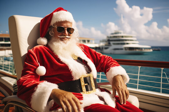 Santa Claus On Tropical Cruise Ship, Enjoying Caribbean Holiday With Mrs Claus