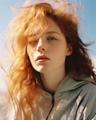 Fototapeta premium Portrait of young red hair female model looking rays light shadow overlay on her face, calm emotional expression