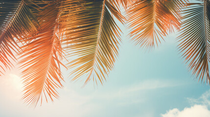 Tropical palm leaves over sky background vintage tone