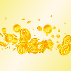 Russian ruble coins falling. Scattered gold RUB