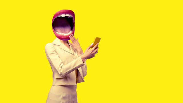 Contemporary art collage. Composition with young woman headed of female mouth using device gadget app smm post