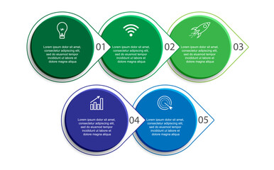 Five step, simple 3D infographic design with colorful colors, icons, text and lines. Great for your business presentations