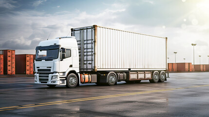 Export and import trucks with containers on ship dock