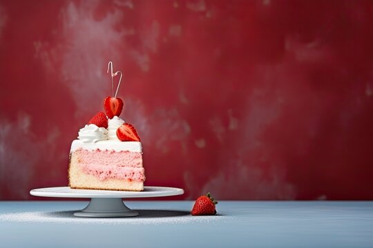 A piece of delicious strawberry cake with cream and fresh berries, a sweet and festive dessert.