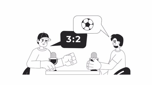 Soccer fans discussing match with microphones bw 2D characters animation. Sports announcers outline cartoon 4K video, alpha channel. Mic commentators animated people isolated on white background