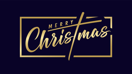 Merry Christmas postcard design. Golden text and dark background. Creative greeting card. Modern style with shiny gold gradient. Horizontal banner. Isolated elements. Holiday decoration. Media poster.