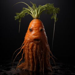 Creepy amd funny carrot monster with scary face on a black background