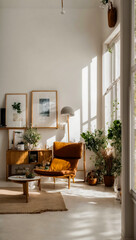 Captivating Homeliness small beloved Living place. walls is white color. natural light. Be mindful of the shapes of all items