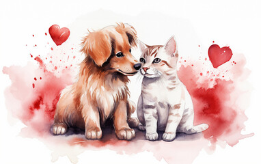 Fototapeta na wymiar cute kitten and dog hugging and loving each other, watercolor drawing