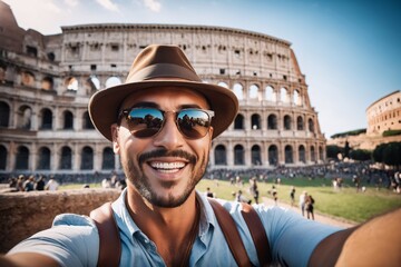 Ein junger hübscher Mann macht ein Selfie von sich. Er trägt Freizeitkleidung eine Kopfbedeckung und eine Sonnenbrille. Im Hintergrund ist Rom und das Kolosseum. - obrazy, fototapety, plakaty